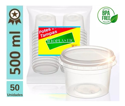 Kit Pote Plást Descartável Redondo C/sobretampa 500ml - 50un Cor Transparente