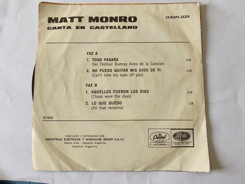 Vinilo Ep De Matt Monro Todo Pasará (f123 (Usado)