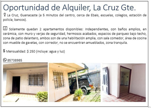 Imagen 1 de 1 de Barato - Oportunidad De Alquiler En La Cruz Guanacaste