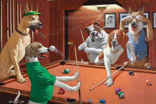 Cuadro Canvas Perros Jugando Pool Playing Billar Dogs M1