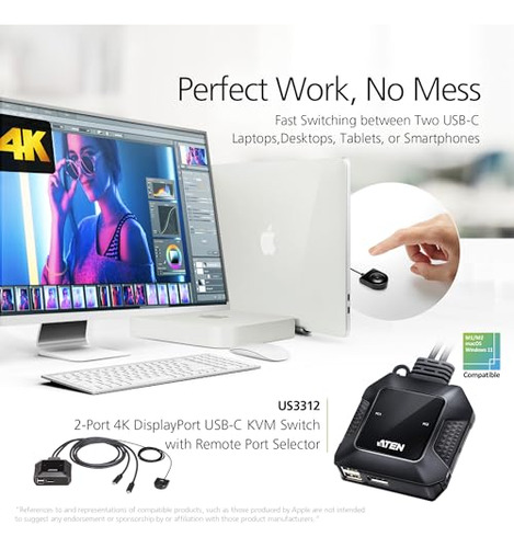 Conmutador Kvm Aten Us3312 2 Puertos 4k Displayport Usb-c