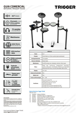 Bateria Eletrônica Trigger Td-400 Completa Display De Led
