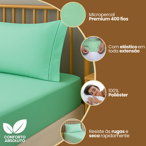 Jogo De Lençol Casal 3 Peças 400 Fios Percal Ponto Palito Macio C/ Elástico Hotel Premium Cor Verde Agua