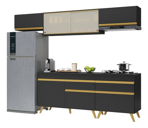 Armário De Cozinha Completa 260cm Veneza Multimóveis V3710 Cor Preto/Dourado