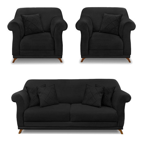 2 Poltronas E Sofá Living 2 Lugares 1,60m Vênus Suede Preto