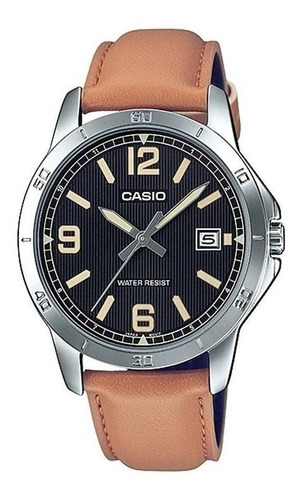 Reloj Pulsera Casio Enticer Mtp-v004 De Cuerpo Color Plata, Analógica, Para Hombre, Fondo Negro, Con Correa De Cuero Color Marrón, Agujas Color Plata Y Beige Claro, Dial Beige, Minutero/segundero Beig