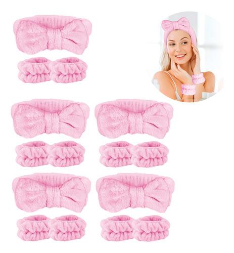 Diler Kit 5 Piezas Diadema Y Muñequeras Para Skincare Maquillaje Mascarilla Spa De Microfibra Moño Color Rosa
