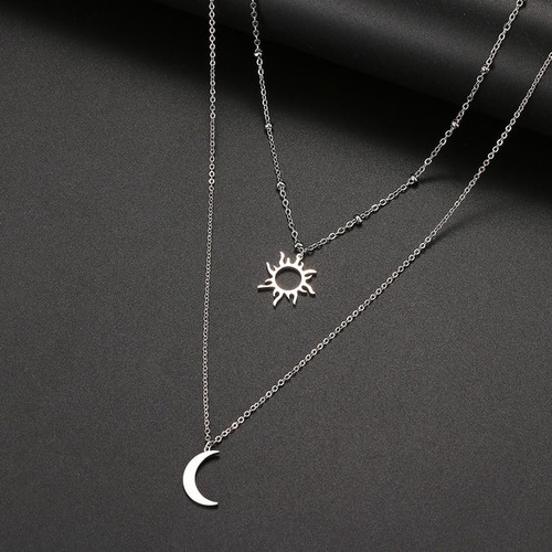 Collar Multicapa Mujer Doble Cadena Sol Y Luna Acero Plata