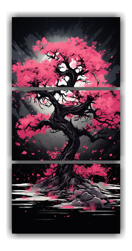 30x60cm Cuadro Tríptico Árbol Roble Negro Y Rosa Flores