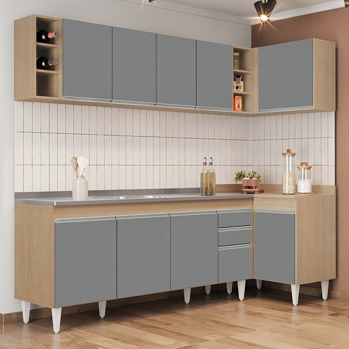 Armário de Cozinha Modulado de Canto Esquerdo 5 Peças CP54 com Pia Inox Castanho/Cinza Lumil
