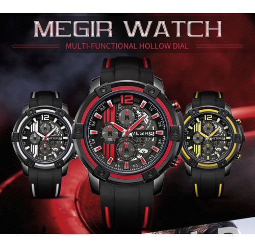 Relógio de pulso Megir MEGIR 2097G com corpo preto,  analógico, para masculino, fundo  branco cor e fivela simples