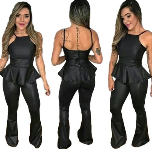  Blusa Feminina Cirre Nadador Peplum Alça Fina Couro Babado