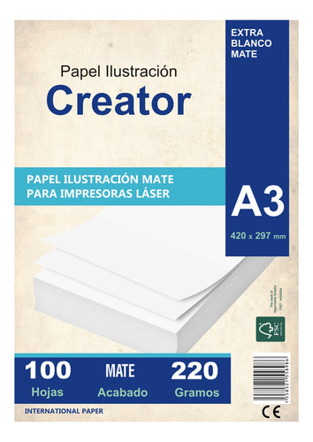 Papel Ilustración 220 Gr A3 Mate Hojas Impresora Laser X100u