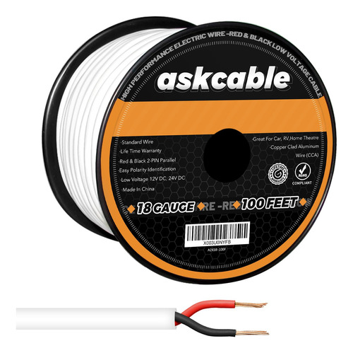 Askcable Cable Eléctrico De 18/2 Awg De 100 Pies, Calibre 18