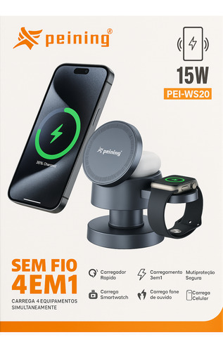 Carregador Sem Fio 4 Em 1 Para iPhone, Watch E AirPods 15w