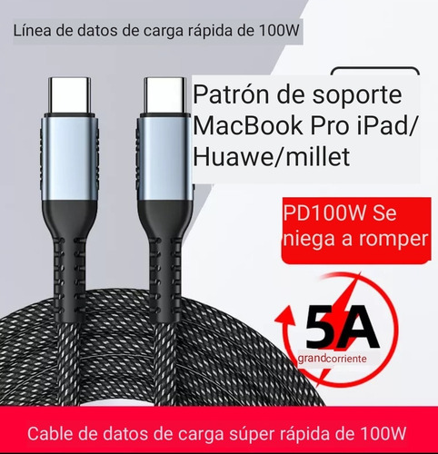 Cable Cargador Y Datos / C A C / 2 Metro / 100 W / 5a 