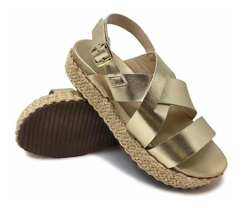 Sandalia Para Dama Plataforma En Yute Color Oro Mate