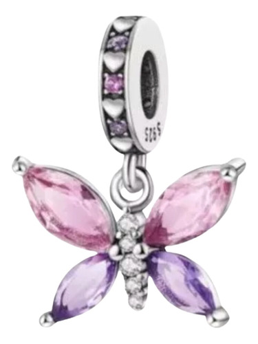 Dije Plata S925 Mariposa Cristales Con Murano Rosa Y Morado 