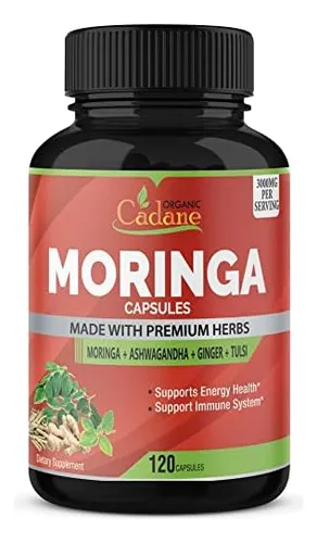 Cápsulas De Polvo De Moringa Orgánica De 3000 Mg Con Ashwagandha, Jengibre, Albahaca Sagrada Tulsi - Potenciador De Ene