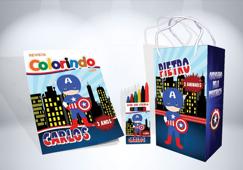 20 Kit Colorir Capitão América Baby Revista Sacola Lembrança