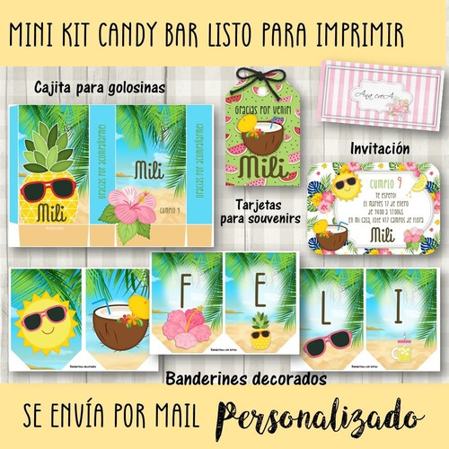 Candy Bar Mini Kit Imprimible Cumple Verano Tropical Mod.1