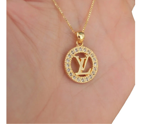 Colar Lv Com Strass Folheado À Ouro 18k Blogueira Semi Jóia 