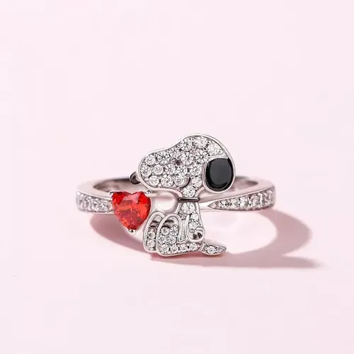 Anillo Snoopy Peanuts Corazon Rojo De Circonios Plata S925