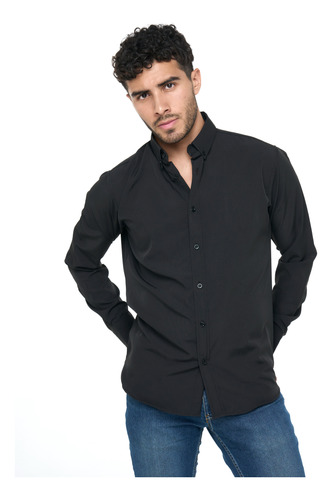 Camisa Manga Larga Hombre Moonkey Negra Lisa Slim Fit