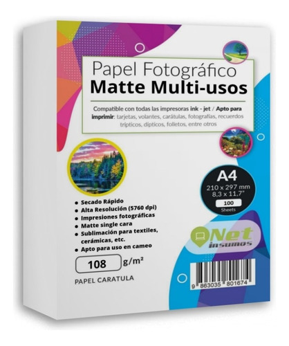 Papel Satinado Matte A4  100 Hojas Fotográfico Multi Usos