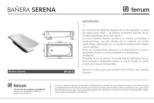 Imagen 2 de 2 de Bañera Serena 150 Acrilico Ferrum