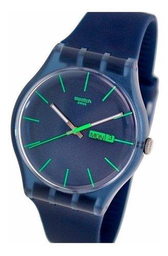 Imagen 2 de 3 de Reloj pulsera Swatch Originals Blue rebel de cuerpo color azul, analógica, fondo azul, con correa de plástico color azul, agujas color gris, blanco y verde, dial verde, bisel color azul y hebilla simple