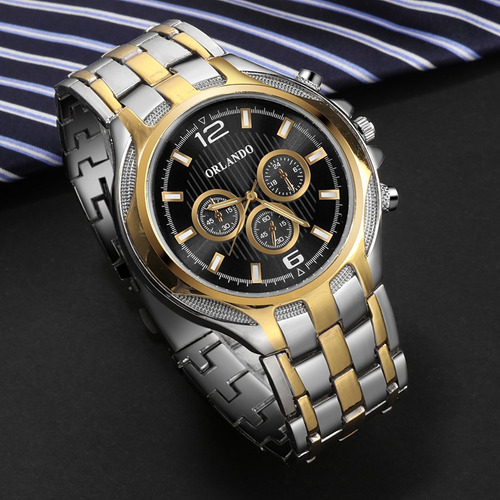 Relógio Masculino Luxo Dourado Brindes Estojo Caneta Prata