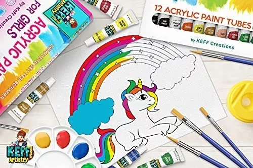 Complete Acrylic Paint kit for Kids - 34-Piece Art Supplies Set for Boys,  12 Acrylic Paint Tubes - nontoxic, canvases, Paint Brush Set, Tabletop  Easel, Art Smock, Paint Bundle Pack by KEFF