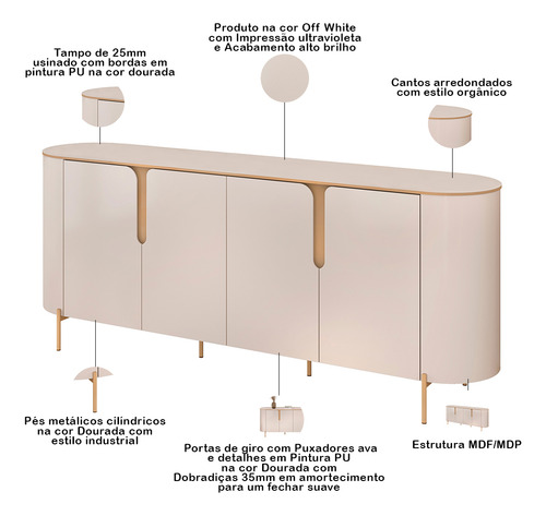 Aparador Buffet Sala Jantar 4 Portas Orgânico Lia Off White