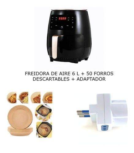 Kit Freidora De Aire 6l + 50 Forros Descartables + Adaptador