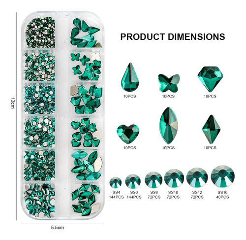 Decoración Kit De Uñas Cristales Pedreria, 544+60pzs Color Zircon Verde Radiante 604