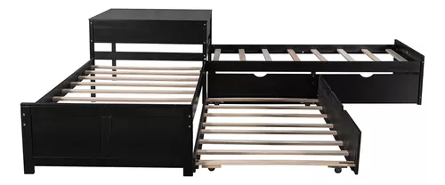 Cama en forma de L, cama individual de esquina con cajones de  almacenamiento vinculados con escritorio integrado, cama de plataforma  doble de madera