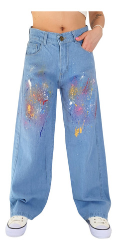 Pantalón Jean Mujer Wide Leg Salpicado Diseño Exclusivo
