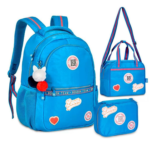 Mochila De Costa  Lancheira  Estojo Rb School Girls Azul