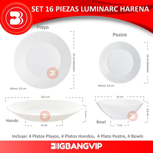Imagen 2 de 7 de Juego Vajilla X16 Harena Luminarc Playo Hondo Postre Bowl