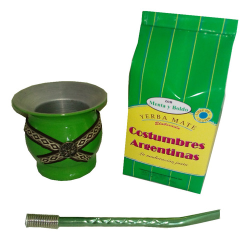 Kit Matero De Aluminio Verde Decorado + Yerba Mate Bombilla