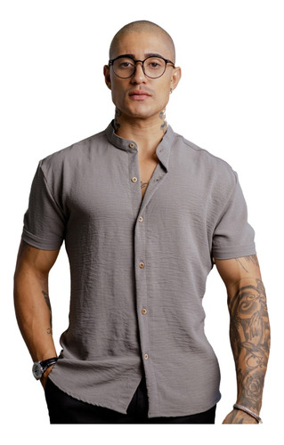 Camisa Social Masculino Manga Curta Gola Padre Linho Premium