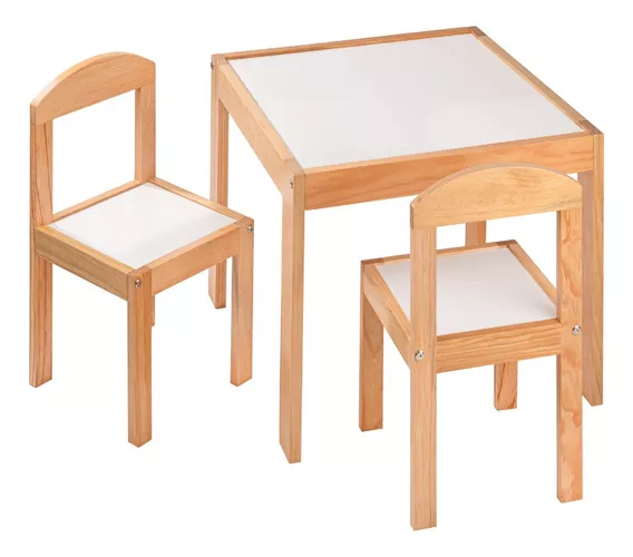 Dos Sillas De Madera Con Mesa Moderna Tamaño Infantil