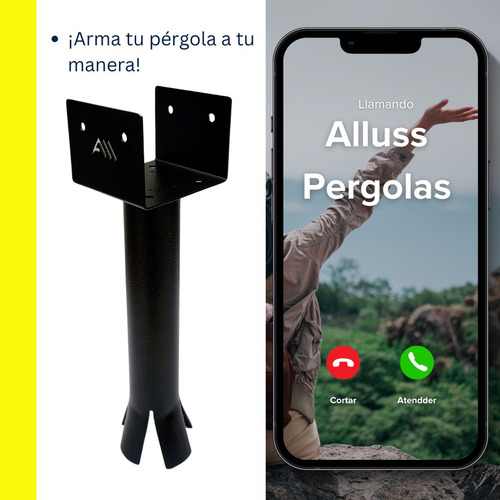 Kit Pergola 3x3 Apoyo Pared Base 4p Cementar Enterrar Alluss Negro
