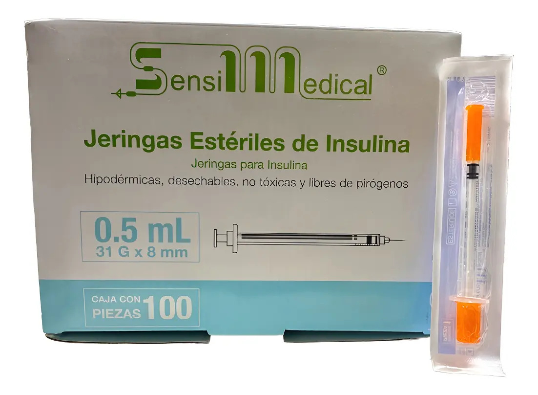 100 Jeringas Para Insulina Sensimedical 31g X 8mm 0.5ml Capacidad en volumen 0.5 mL