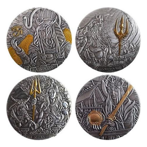 4x Moedas Colecionavel Comemorativa Deus Poseidon Shiva Ra