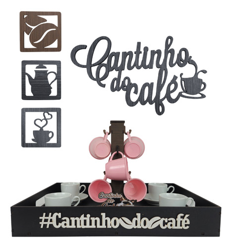 Bandeja Cantinho Do Cafe +pliques De Parede 40x30cm Preto