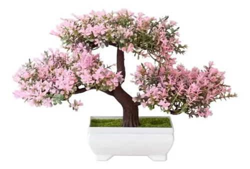 Planta Bonsai Artificial com Flores Rosa e Vaso Decorativo
