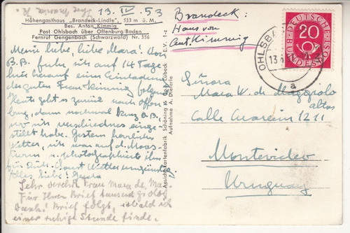 1953 Postal Cursada De Ohlsbach Alemania A Montevideo Sello