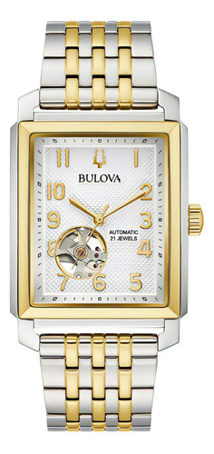 Pulseira de relógio masculina Bulova Classic Collection Sutton 98a308 Cor da moldura prateada/dourada Cor do painel dourado Cor de fundo branca